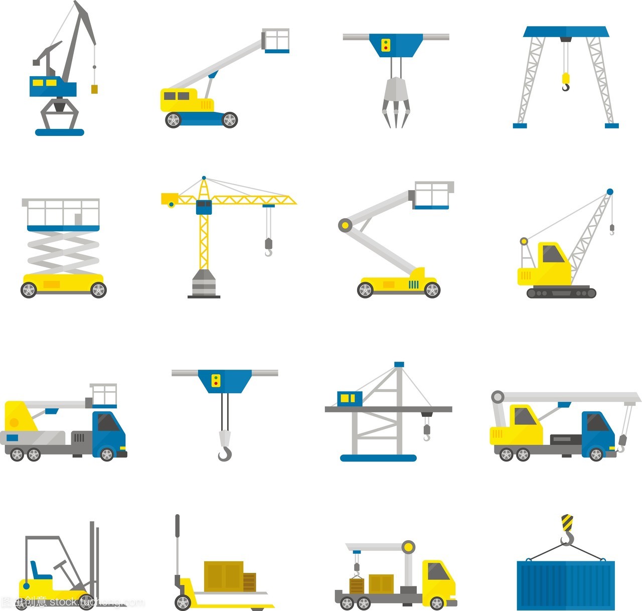 起重設(shè)備貨物運(yùn)輸和工程機(jī)械平面圖標(biāo)組孤立的矢量圖。起重設(shè)備平面圖標(biāo)集